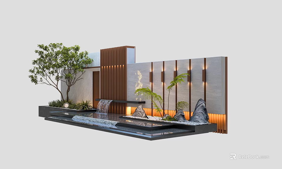 Modern Landscape Feature Wall Design With Water Flow Plants And Illuminated Lighting 3d model 