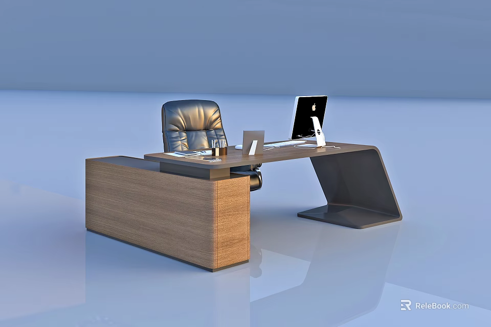 Modern Wooden Office Desk With Laptop Leather Chair And Office Supplies 3d model 