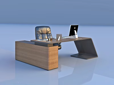 Modern Wooden Office Desk With Laptop Leather Chair And Office Supplies 3d model