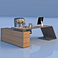 Modern Wooden Office Desk With Laptop Leather Chair And Office Supplies