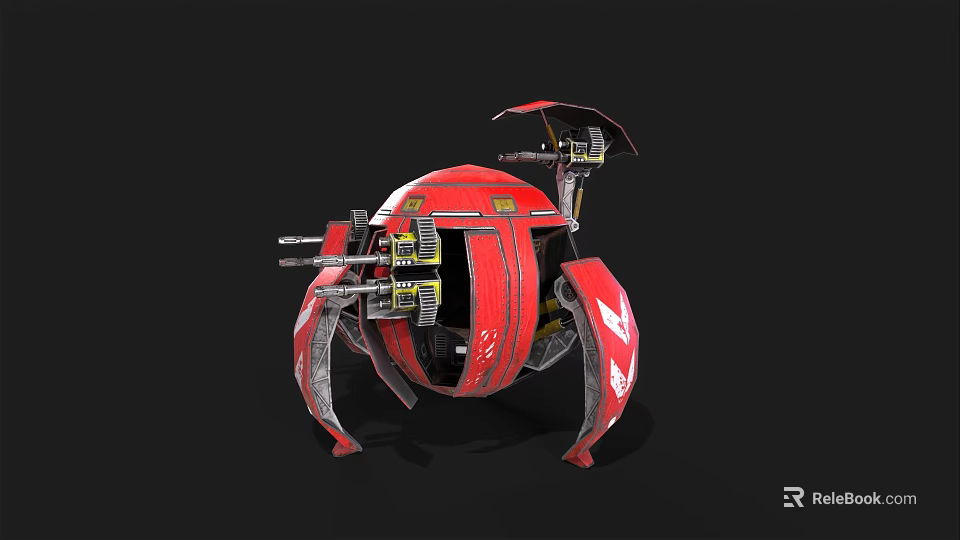 Red Spherical Smart Machine with Mechanical Legs and Weapon Like Devices in Sci Fi Design 3d model 