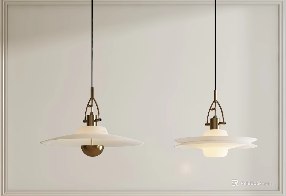 Two Modern Pendant Lights With White Glass Shade And Brass Fixture Hanging From Ceiling 3d model 