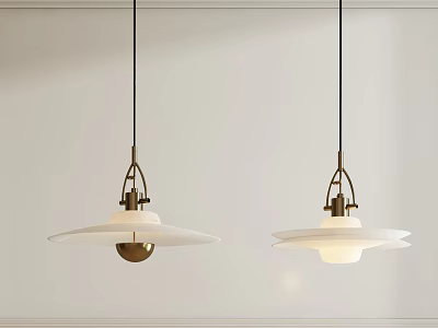 Two Modern Pendant Lights With White Glass Shade And Brass Fixture Hanging From Ceiling 3d model