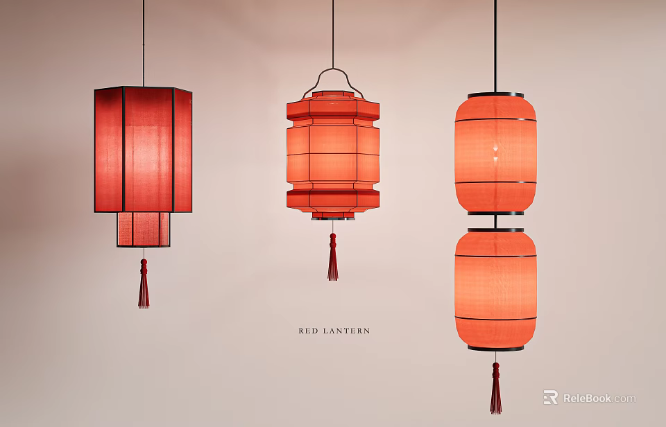 Three Red Hanging Lanterns With Cylindrical And Multi Layered Decorative Designs And Tassels 3d model 