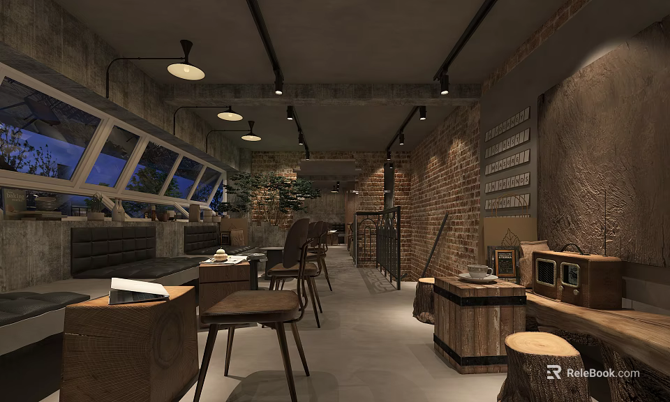 Industrial Milk Tea Shop Interior With Brick Walls Wooden Furniture And Warm Lighting 3d model 