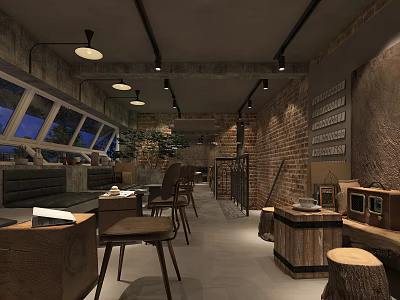 Industrial Milk Tea Shop Interior With Brick Walls Wooden Furniture And Warm Lighting 3d model