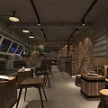 Industrial Milk Tea Shop Interior With Brick Walls Wooden Furniture And Warm Lighting