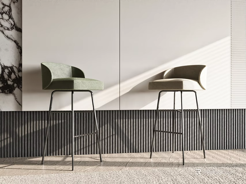 Modern Minimalist Bar Stools With Green Beige Upholstery And Black Metal Legs Against Striped Wall 3d model 