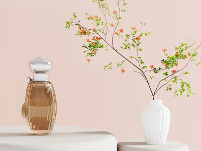 Stylish Perfume Bottle And White Vase With Flowers 3d model