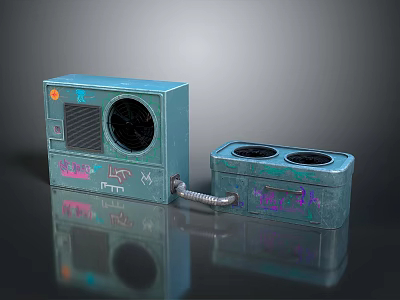 Graffiti Style Teal Computer Device With Two Part Fan Buttons Circular Ports And Connecting Tube 3d model