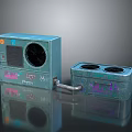 Graffiti Style Teal Computer Device With Two Part Fan Buttons Circular Ports And Connecting Tube