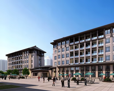 Modern Chinese Style Multi Storey Hotel Building With Balconies Plaza Pedestrians Tables Chairs Green Umbrellas 3d model