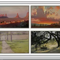 Four Scenic Landscape Paintings Featuring Desert Sunset Path And Bench Views