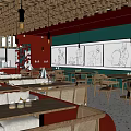 Modern Restaurant Dining Interior With Wooden Ceiling Pendant Lights And Upholstered Seats