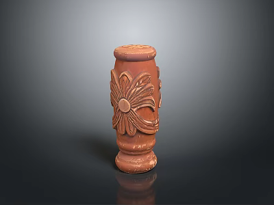 Ancient Cylindrical Decorative Weapon With Carved Floral Pattern And Brown Texture 3d model