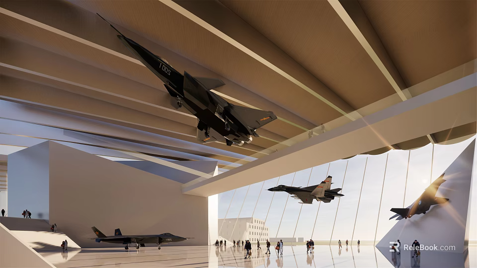 Aircraft Museum Architecture With Suspended Jets And Glass Facade Design 3d model 