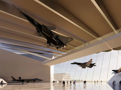 Aircraft Museum Architecture With Suspended Jets And Glass Facade Design 3d model