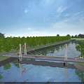 Scenic Bridge Over River With Cable Structures Lush Trees Blue Sky And Reflection 3d model