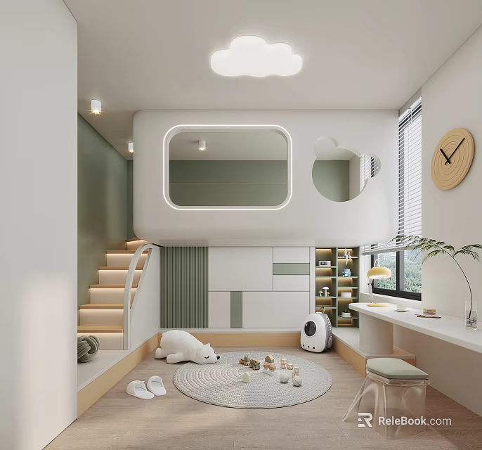 Modern Children's Room With Loft Stairs Cabinets And Toys 3d model 