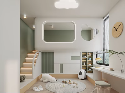 Modern Children's Room With Loft Stairs Cabinets And Toys 3d model