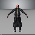 Bald Male Character With Fantasy Creature In Dark Robe And Cross Strap Design Look