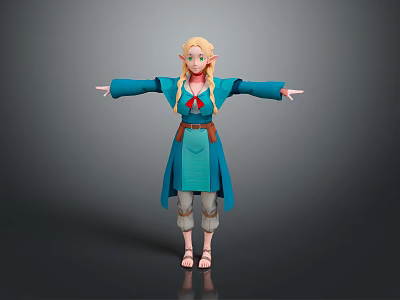 Game Movie Character With Blonde Braided Pigtails Green Eyes Blue Dress And Arms Outstretched 3d model