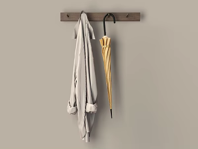 Light Colored Coat Hanging On Wooden Hook With Yellow Umbrella And Gray Wall 3d model