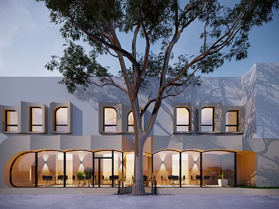 Modern Storefront Facade with Arched Glass Windows Large Tree in Front Warm Interior Lighting 3d model