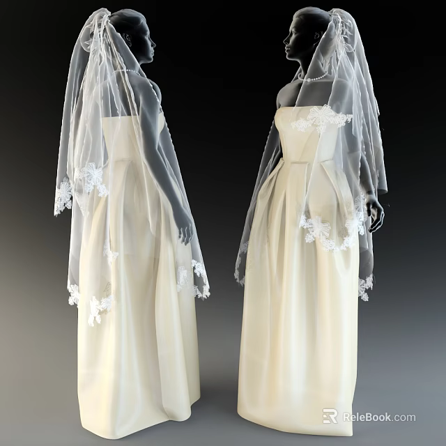 Model In Ivory Wedding Gown With Lace Trim And Long Flowing Veil 3d model 