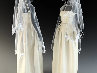 Model In Ivory Wedding Gown With Lace Trim And Long Flowing Veil 3d model
