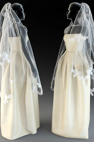 Model In Ivory Wedding Gown With Lace Trim And Long Flowing Veil 3d model