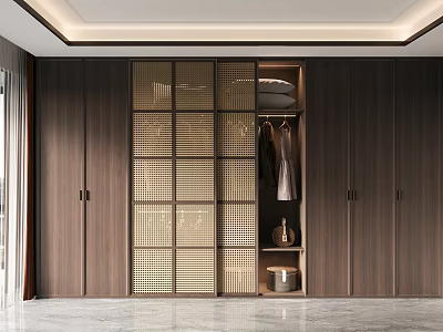Elegant Modern Wooden Wardrobe With Lattice Doors Open Storage And Hanging Clothes 3d model