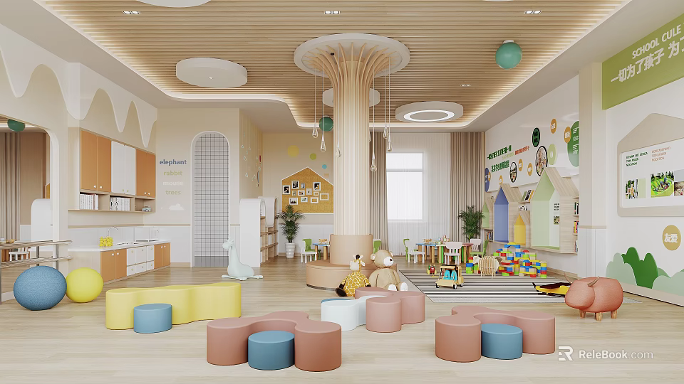 Warm Kindergarten Interior With Colorful Stools Toys And Decorative Column 3d model 