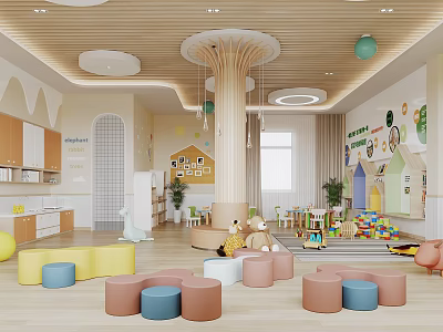 Warm Kindergarten Interior With Colorful Stools Toys And Decorative Column 3d model