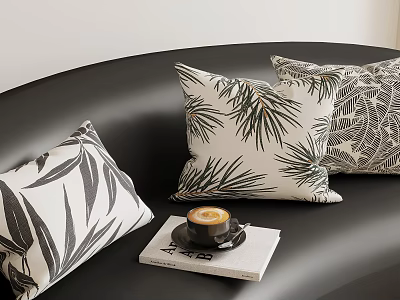 Black Sofa With Bamboo Leaf Pattern Cushions And Coffee Cup On Book 3d model