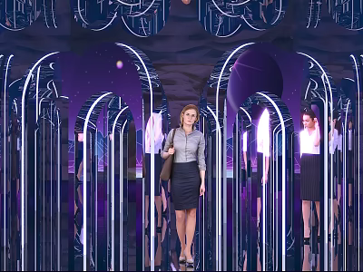 Instagrammable Photo Check In Spot With Mirrored Arched Structures Purple Lighting And People Walking 3d model