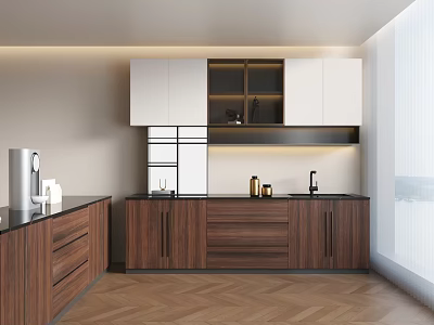 Modern Kitchen With White Upper Cabinets Wooden Lower Cabinets Herringbone Floor And Appliances 3d model