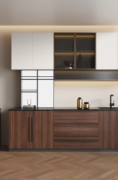 Modern Kitchen With White Upper Cabinets Wooden Lower Cabinets Herringbone Floor And Appliances 3d model
