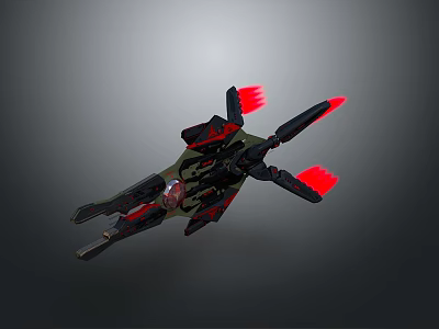 Futuristic Sci Fi Spaceship Model With Dark Green Body And Red Glowing Thrusters 3d model