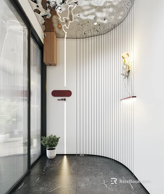 Modern Office Corridor Interior With White Striped Walls Wooden Accents And Recessed Lighting 3d model 