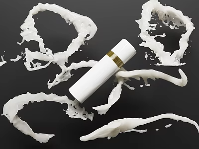 Dynamic White Bottle With Gold Band And Splashing White Liquid On Black Background 3d model