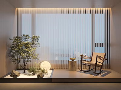Home Balcony Interior With Rocking Chair Small Trees Plants And White Vertical Blinds 3d model