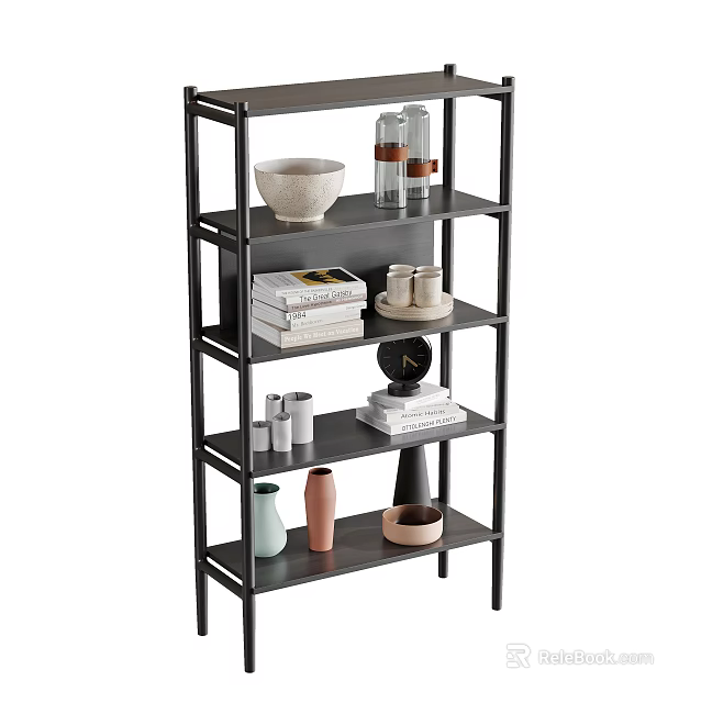 Black Metal Multi Tier Shelving Unit with Books Vases Bowls and Decorative Items 3d model 