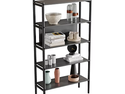 Black Metal Multi Tier Shelving Unit with Books Vases Bowls and Decorative Items 3d model