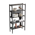 Black Metal Multi Tier Shelving Unit with Books Vases Bowls and Decorative Items