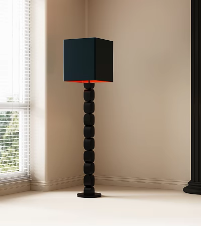 Modern Black Floor Lamp With Square Lampshade Red Edge And Stacked Circular Pole Near Window 3d model