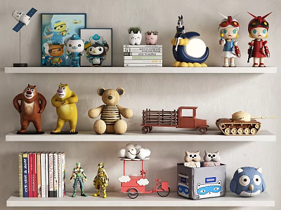 Decorative Ornament Combination on White Shelves with Cartoon Characters Animal Dolls Models and Books 3d model