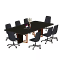 Black Rectangular Conference Table With Six Gray Swivel Office Chairs And Decorative Vase 3d model