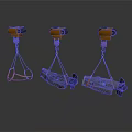 Three Orange And Black Hoisting Equipment With Suspended Loads And Lifting Cables