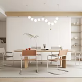 Modern Restaurant Interior With Round Pendant Lights Dining Table Chairs White Wall Shelves And Plant